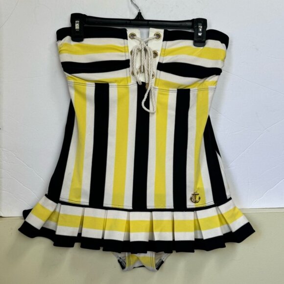 Juicy Couture Pleated Skirt Striped Nautical Swimsuit One Piece Pin Up Retro M - Picture 2 of 16